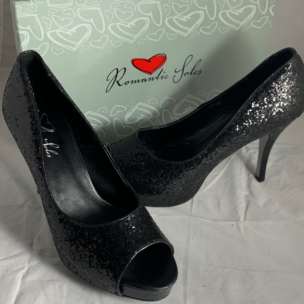 NEW 11M Romantic Soles Black Glitter platform heel